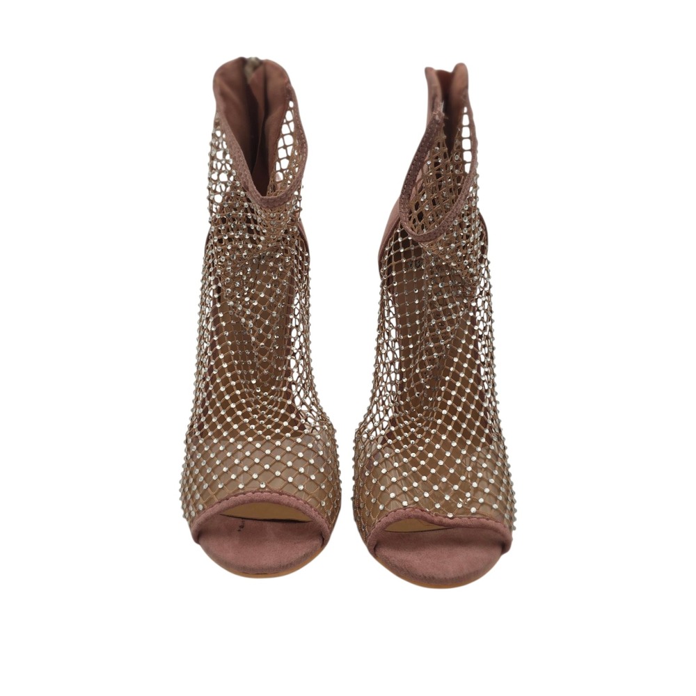 Bisou Bisou Mesh‎ Rhinestone Peep Toe Booties Heels Nude Blush 7.5 Glam Coquette